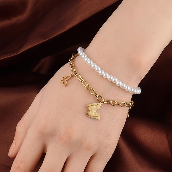 link, chain gold color charm butterfly pendant bracelets for women fashion multilayer stainless steel pearl beaded jewelry, Black
link, chain gold color charm butterfly pendant bracelets for women fashion multilayer stainless steel pearl beaded jewelry, Black