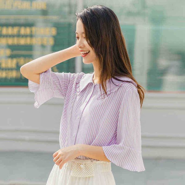 women's blouses & shirts blouses summer slimmed stripe half sleeve ruffled sweet peter pan collar youth blouse u4sc, White
women's blouses & shirts blouses summer slimmed stripe half sleeve ruffled sweet peter pan collar youth blouse u4sc, White