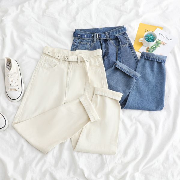 korean straight jeans women high waist denim trousers large pocket black denim pants vintage with belt casual plus size 2021 new, Black;white 
korean straight jeans women high waist denim trousers large pocket black denim pants vintage with belt casual plus size 2021 new, Black;white