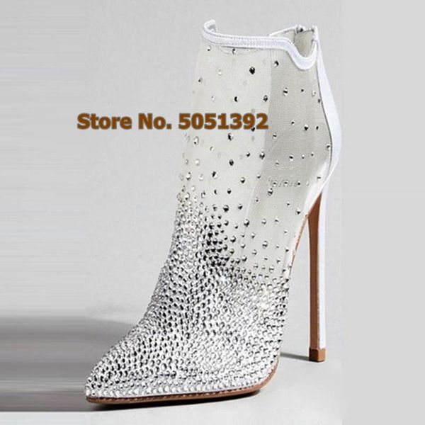 women high thin heel pointed toe mid-calf booties white mesh crystal diamond shining wedding sparking elegant shoes dress, Black
women high thin heel pointed toe mid-calf booties white mesh crystal diamond shining wedding sparking elegant shoes dress, Black