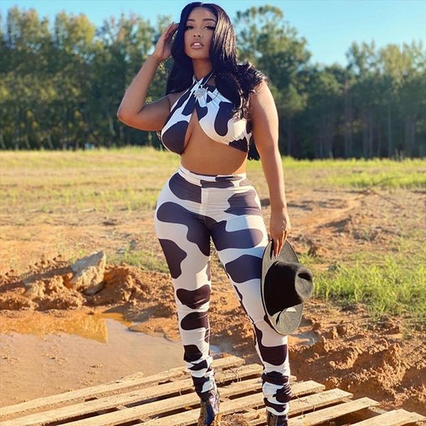 cow print bodycon matching womens pants sets sleeveless backless halter amp two piece outfits party, White
cow print bodycon matching womens pants sets sleeveless backless halter amp two piece outfits party, White