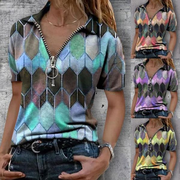 women t-shirt rhombus print zipper blouse lapel short sleeve for dating women's, White
women t-shirt rhombus print zipper blouse lapel short sleeve for dating women's, White