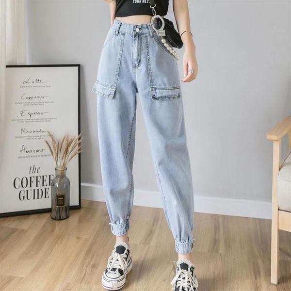big pocket loose womens jeans elastic waist ankle banded casual solid color denim cargo pants streetwear boyfriend trousers, Blue
big pocket loose womens jeans elastic waist ankle banded casual solid color denim cargo pants streetwear boyfriend trousers, Blue
