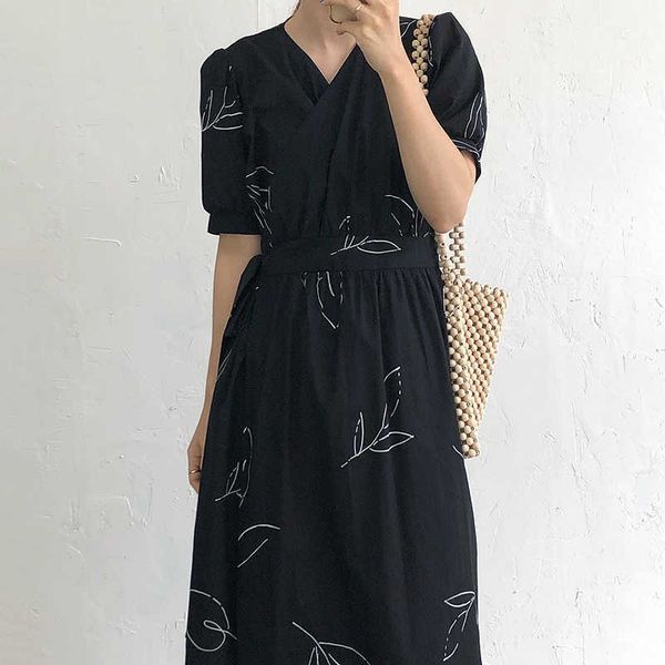 minimalism casual v neck puff sleeve dress women print one pieces lace up waist vestido feminino loose summer fashion retro 210610, Black;gray
minimalism casual v neck puff sleeve dress women print one pieces lace up waist vestido feminino loose summer fashion retro 210610, Black;gray