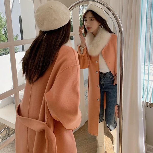 women's fur & faux winter real scarf wool trench female fashion cashmere blend outerwear 2021 long woolen coat with belt, Black
women's fur & faux winter real scarf wool trench female fashion cashmere blend outerwear 2021 long woolen coat with belt, Black
