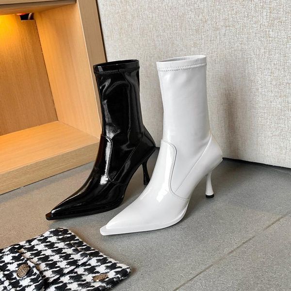 boots patent leather stretch fashion ankle fabric slip-on women high heel shoes zapatos de mujer1, Black
boots patent leather stretch fashion ankle fabric slip-on women high heel shoes zapatos de mujer1, Black