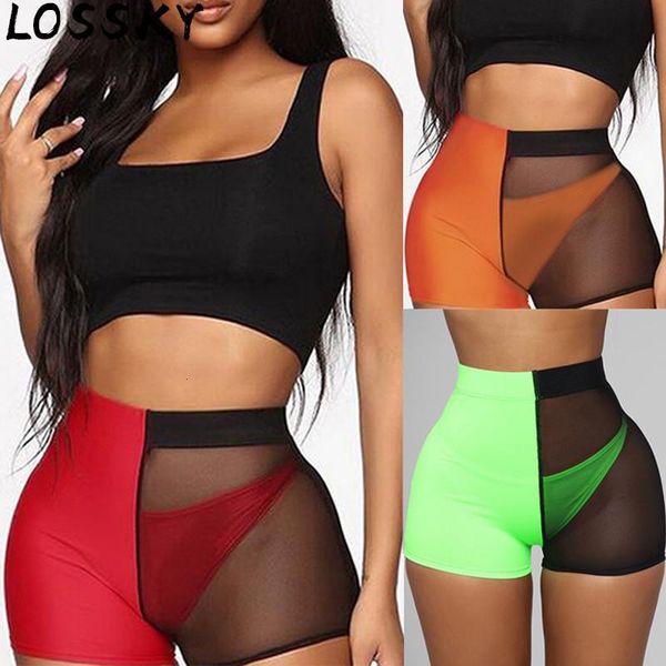 women's shorts black green mesh patchwork woman casual see through high waist summer slim joggers 2021 for women, White;black
women's shorts black green mesh patchwork woman casual see through high waist summer slim joggers 2021 for women, White;black
