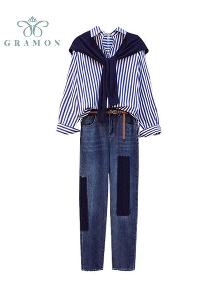 women's two piece pants pant suits plus size 3 sets fall clothes for women fashion striped shirts+small shawl+denim conjuntos feminino, White
women's two piece pants pant suits plus size 3 sets fall clothes for women fashion striped shirts+small shawl+denim conjuntos feminino, White