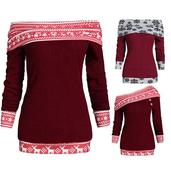 women's christmas one word back slanted shoulder lapel long sleeve stitching sweater sweaters, White;black
women's christmas one word back slanted shoulder lapel long sleeve stitching sweater sweaters, White;black