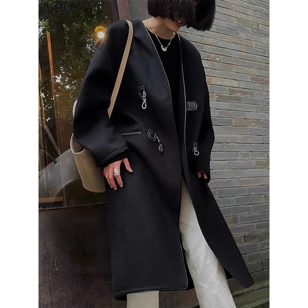 women's wool & blends 2021 autumn and winter leather buckle double-sided woolen mid-length coat loose retro hook button elegant, Black
women's wool & blends 2021 autumn and winter leather buckle double-sided woolen mid-length coat loose retro hook button elegant, Black