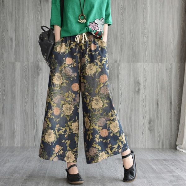 women's jeans vintage flower printed wide leg denim women's pants elastic waistline loose drawstring fit casual jeans rtw4, Blue
women's jeans vintage flower printed wide leg denim women's pants elastic waistline loose drawstring fit casual jeans rtw4, Blue