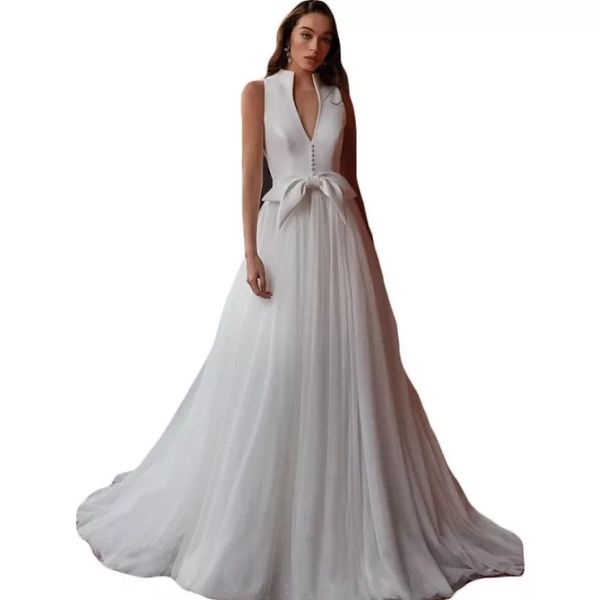 tulle v neck a-line wedding dresses backless lace appliques court train bridal gown customized robe de mariage weddinggown, White
tulle v neck a-line wedding dresses backless lace appliques court train bridal gown customized robe de mariage weddinggown, White