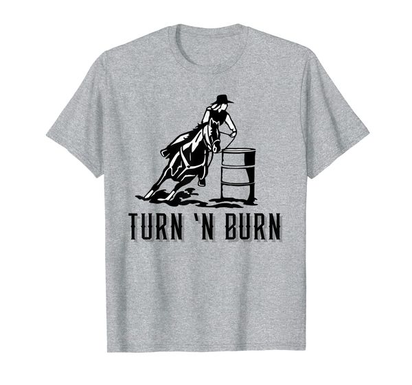 barrel racer racing turn 'n burn rodeo tin can chaser horse t-shirt, White;black
