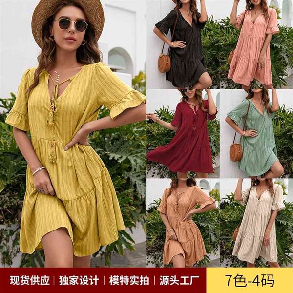 summer dress women's loose casual solid color 5-point sleeves lace-up v-neck ruffle stitching pullover es 210517, Black;gray
summer dress women's loose casual solid color 5-point sleeves lace-up v-neck ruffle stitching pullover es 210517, Black;gray