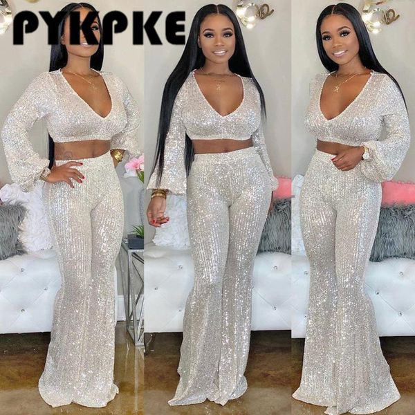 women's two piece pants aumutn women set full sleeve sequins deep v-neck and flare sets club outfits 2021, White
women's two piece pants aumutn women set full sleeve sequins deep v-neck and flare sets club outfits 2021, White