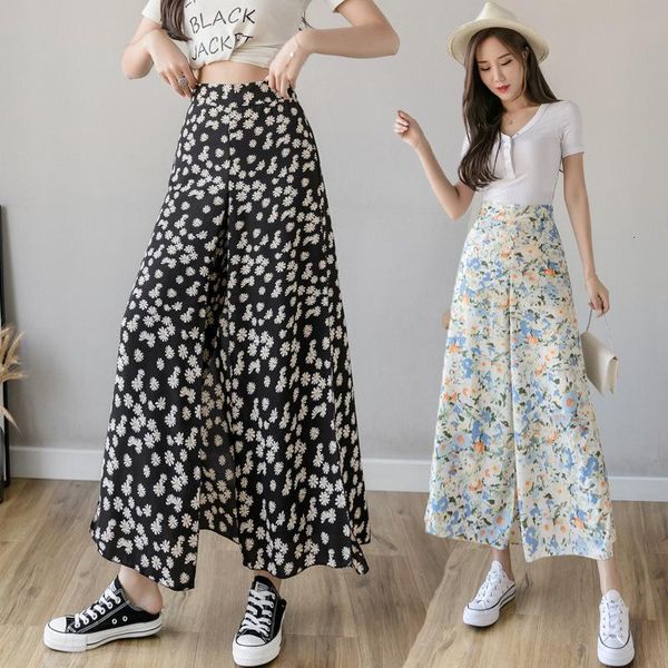 

women's pants & capris ichoix floral printing women's summer pants high-waisted palazzo elegant korean style chiffon baggy leg ncm, Black;white