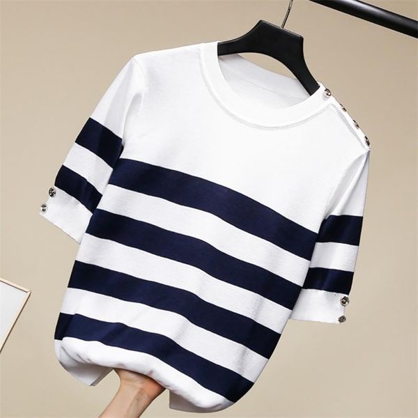 women's knits & tees summer striped metal button short sleeve knitted pullovers women fashion o-neck white blue s-l slim swea
women's knits & tees summer striped metal button short sleeve knitted pullovers women fashion o-neck white blue s-l slim swea