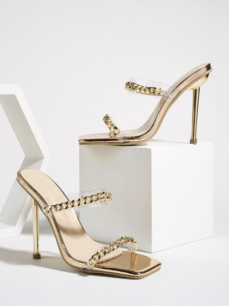 plus size 35-41 gold slippers for women square open toe transparent shoes thin high heels pumps metal chain summer party slides, Black
plus size 35-41 gold slippers for women square open toe transparent shoes thin high heels pumps metal chain summer party slides, Black