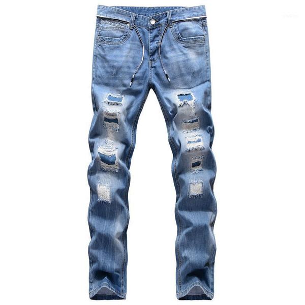 men's jeans men's male trousers street fashion style lanyard cut hole exposed cotton yarn bottom denim border straight jeans for, Blue
men's jeans men's male trousers street fashion style lanyard cut hole exposed cotton yarn bottom denim border straight jeans for, Blue