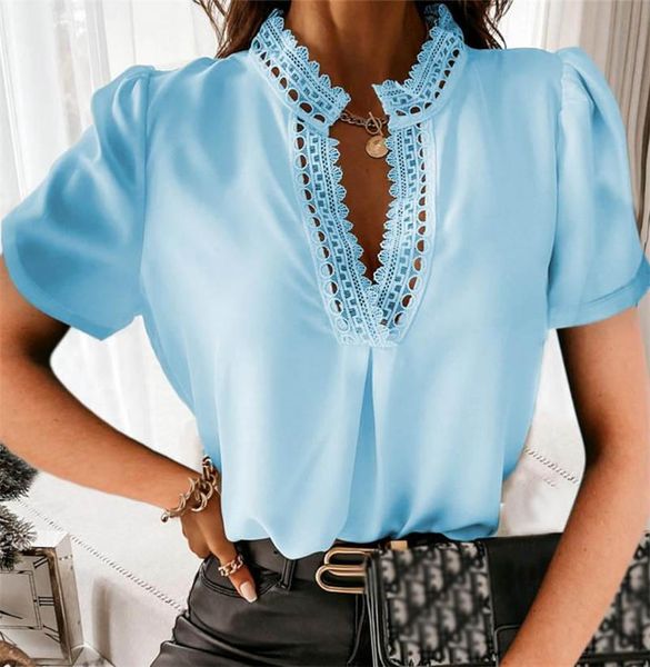 women's blouses & shirts fashion lace chiffon splicing half open collar short sleeve solid color retro versatile trend shirt europe, White
women's blouses & shirts fashion lace chiffon splicing half open collar short sleeve solid color retro versatile trend shirt europe, White