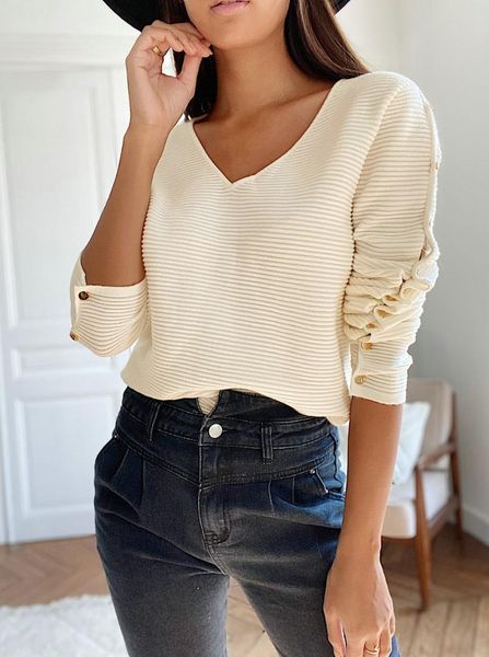 elegant fashion buttons sleeve women v-neck solid color blouse autumn spring plain ribbed pullovers for lady women's blouses & shir, White
elegant fashion buttons sleeve women v-neck solid color blouse autumn spring plain ribbed pullovers for lady women's blouses & shir, White
