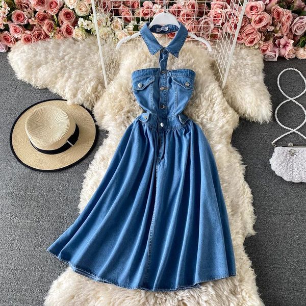 casual dresses halter summer denim dress womens backless 2021 korean lapel single breasted ladies high waist aq1015, Black;gray
casual dresses halter summer denim dress womens backless 2021 korean lapel single breasted ladies high waist aq1015, Black;gray