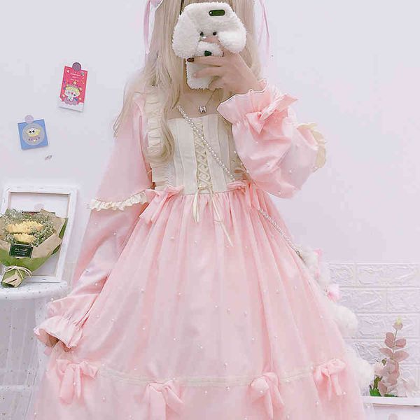 casual dresses japanese sweet lolita op soft girl ruffle bow loli pearl beaded long sleeve kawaii girls women tea party eaod, Black;gray
casual dresses japanese sweet lolita op soft girl ruffle bow loli pearl beaded long sleeve kawaii girls women tea party eaod, Black;gray