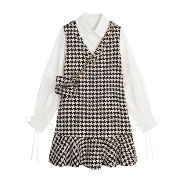 women black white sleeveless dress with shirt turn down collar 2 pieces set elegant winter houndtooth bag t0454 210514, Black;gray
women black white sleeveless dress with shirt turn down collar 2 pieces set elegant winter houndtooth bag t0454 210514, Black;gray