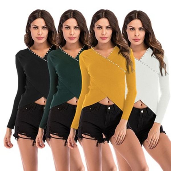 fashion sweater solid nail bead short women's 2021 spring slim v-neck crossover t-shirt, White;black
fashion sweater solid nail bead short women's 2021 spring slim v-neck crossover t-shirt, White;black
