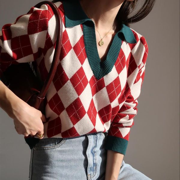 women's sweaters 2021 fashionable street sweet style retro lapel v-neck diamond lattice long-sleeved plaid sweater a871, White;black
women's sweaters 2021 fashionable street sweet style retro lapel v-neck diamond lattice long-sleeved plaid sweater a871, White;black