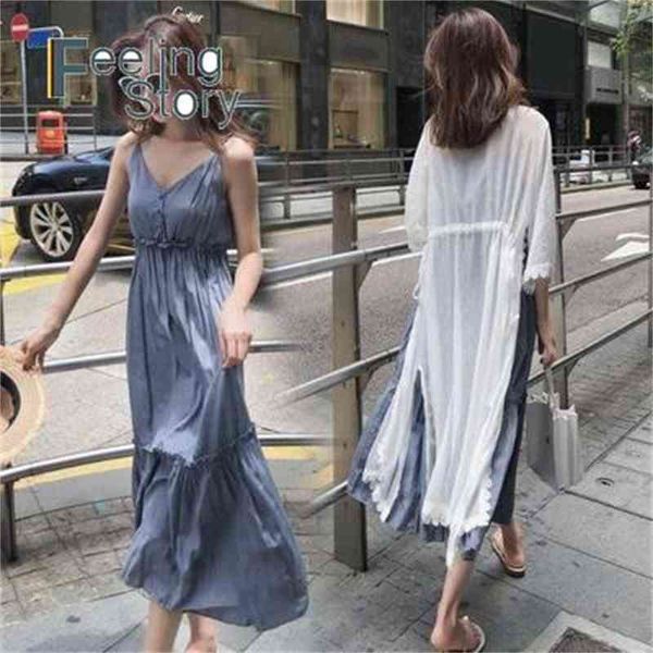 2 pieces women summer dress plus size spaghetti strap blue 3/4 sleeve lace cardigan robe femme vestidos arrival 210603, Black;gray
2 pieces women summer dress plus size spaghetti strap blue 3/4 sleeve lace cardigan robe femme vestidos arrival 210603, Black;gray