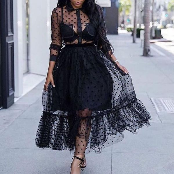 work dresses 2 pieces sets womens outfits skirt party black polka dot see through a line high waist elegant evening night club clothes, White;black
work dresses 2 pieces sets womens outfits skirt party black polka dot see through a line high waist elegant evening night club clothes, White;black