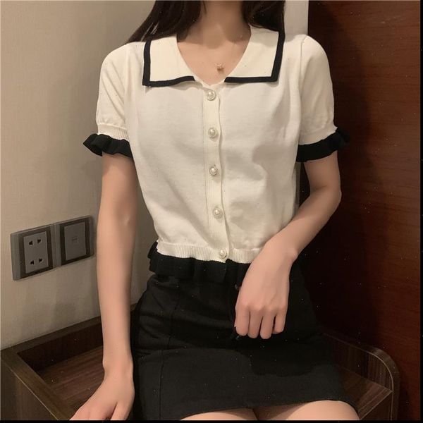 ruffles knit cardigan shirt single womens sweaters breasted patched elastic crop summer female cardigans, White;black
ruffles knit cardigan shirt single womens sweaters breasted patched elastic crop summer female cardigans, White;black