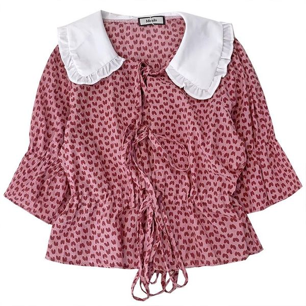 women's blouses & shirts pink lace up doll collar summer slim short section sweet love heart floral shirt, White
women's blouses & shirts pink lace up doll collar summer slim short section sweet love heart floral shirt, White