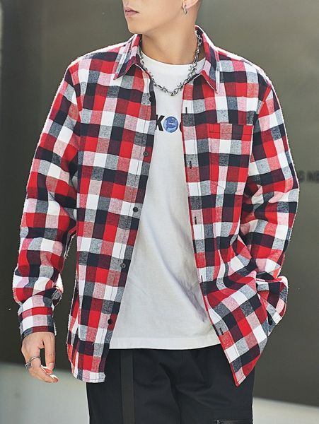 men plaid patched pocket shirt m2r4#, White;black