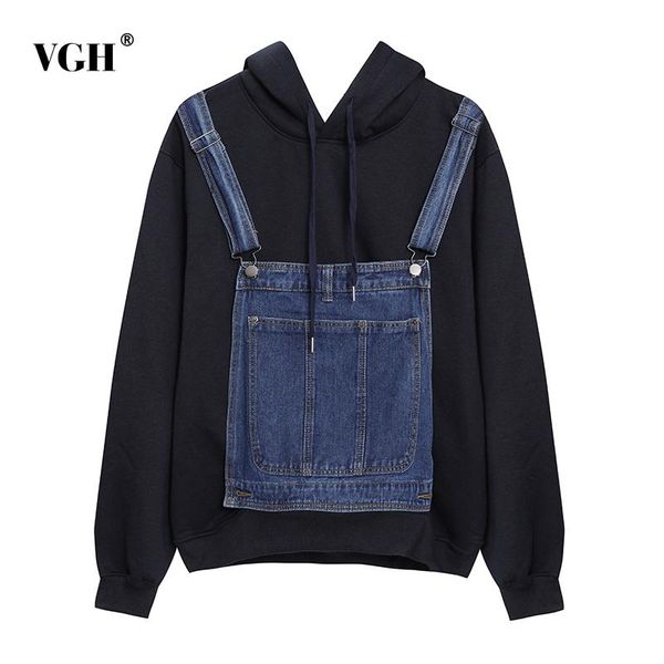 women's hoodies & sweatshirts vgh casual patchwork denim sweatshirt for women hooded collar long sleeve fake two thick female 2021 autu, Black
women's hoodies & sweatshirts vgh casual patchwork denim sweatshirt for women hooded collar long sleeve fake two thick female 2021 autu, Black
