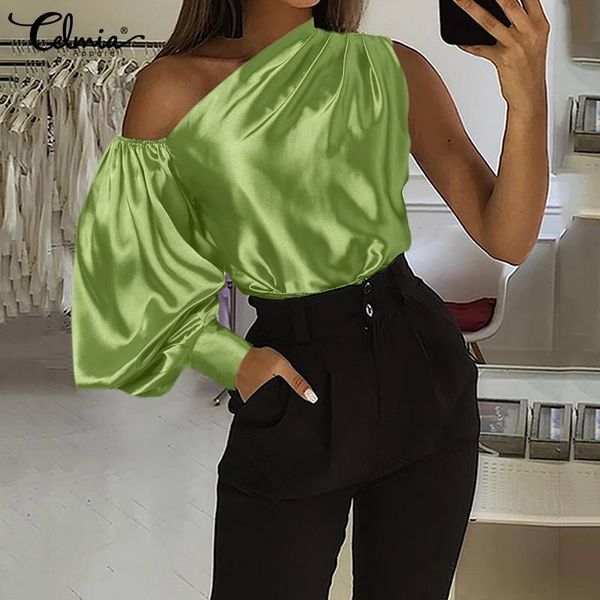 women's blouses & shirts satin one shoulder glossy celmia 2021 fashion lantern sleeve blouse asymmetrical casual streetwear plus size, White
women's blouses & shirts satin one shoulder glossy celmia 2021 fashion lantern sleeve blouse asymmetrical casual streetwear plus size, White
