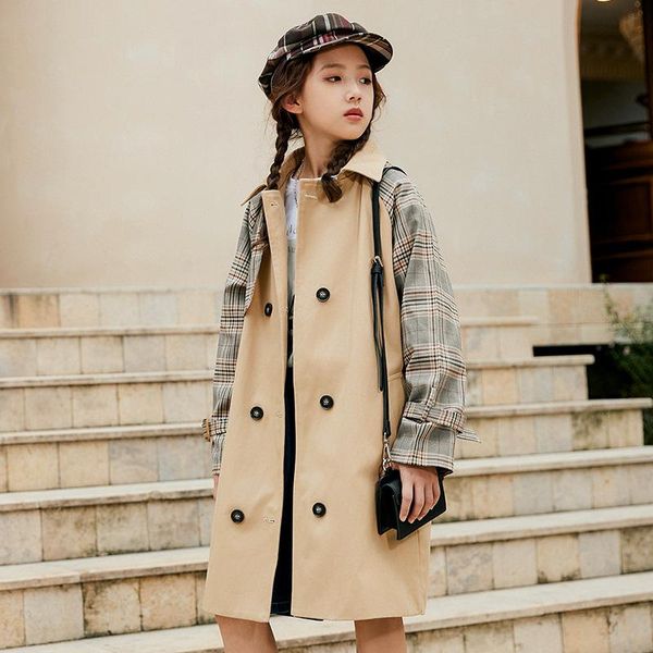 coat spring and autumn girls' belted long trench girls fashion plaid stitching long-sleeved double-breasted khaki lapel jacket, Blue;gray
coat spring and autumn girls' belted long trench girls fashion plaid stitching long-sleeved double-breasted khaki lapel jacket, Blue;gray