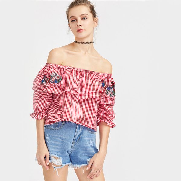 arrival red plaid women ruffle layered off shoulder patches summer cute embroidery half sleeve blouse, White
arrival red plaid women ruffle layered off shoulder patches summer cute embroidery half sleeve blouse, White