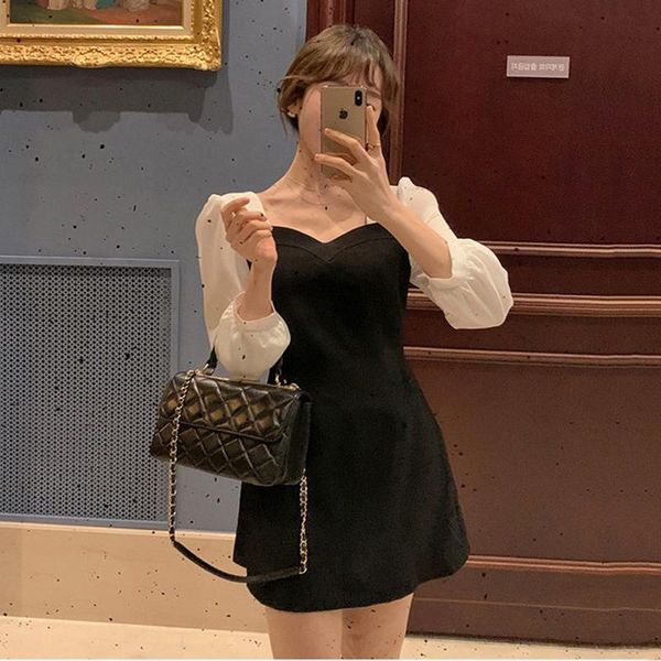 casual dresses korean french chic vestidos female v-neck contrast stitching fake two-piece lace bow knot waist puff sleeve mini dress dk1242, Black;gray
casual dresses korean french chic vestidos female v-neck contrast stitching fake two-piece lace bow knot waist puff sleeve mini dress dk1242, Black;gray