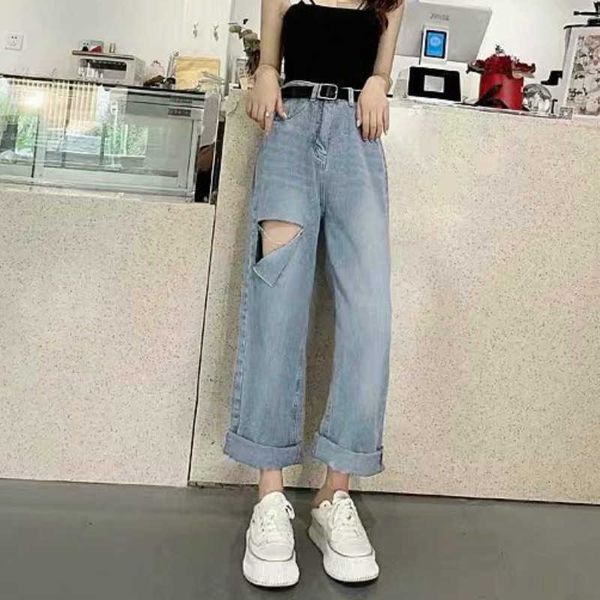 big hole personality jeans women's fashionable and handsome long leg straight pants high waist loose floor, Blue
big hole personality jeans women's fashionable and handsome long leg straight pants high waist loose floor, Blue