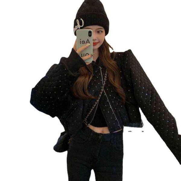 ~autumn and winter glittering diamond lattice short round neck small coat for women, Black;brown
~autumn and winter glittering diamond lattice short round neck small coat for women, Black;brown