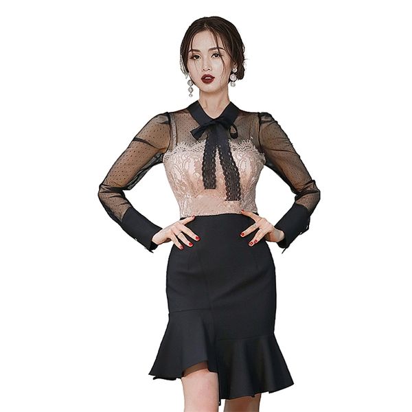 black lace tight dress korean ladies long sleeve bow neck office formal night club irregular party dresses for women 210602, Black;gray
black lace tight dress korean ladies long sleeve bow neck office formal night club irregular party dresses for women 210602, Black;gray