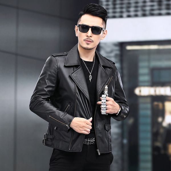 haining layer calf leather straight hem casual men's zipper long korean suit collar leather men's coat, Black
haining layer calf leather straight hem casual men's zipper long korean suit collar leather men's coat, Black