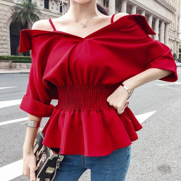 women's blouses & shirts spring slash neck shoulder half sleeve women blouse 2021 fashion strap waist slim casual red for female, White
women's blouses & shirts spring slash neck shoulder half sleeve women blouse 2021 fashion strap waist slim casual red for female, White