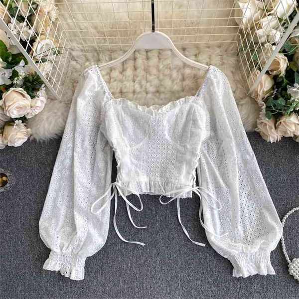 women's shirt and blouse fashion spring autumn square collar puff long sleeve embroidery lace hollow out bandage cropped 210603, White
women's shirt and blouse fashion spring autumn square collar puff long sleeve embroidery lace hollow out bandage cropped 210603, White