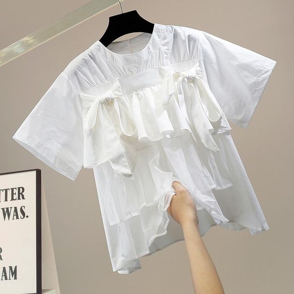 women's blouses & shirts japanese style net falbala stitching bow decorative short-sleeved shirt casual tide, White
women's blouses & shirts japanese style net falbala stitching bow decorative short-sleeved shirt casual tide, White