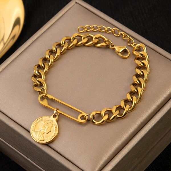 link, chain 316l stainless steel fashion upscale jewelry pin shape both sides queen coin charm thick bracelets for women, Black
link, chain 316l stainless steel fashion upscale jewelry pin shape both sides queen coin charm thick bracelets for women, Black