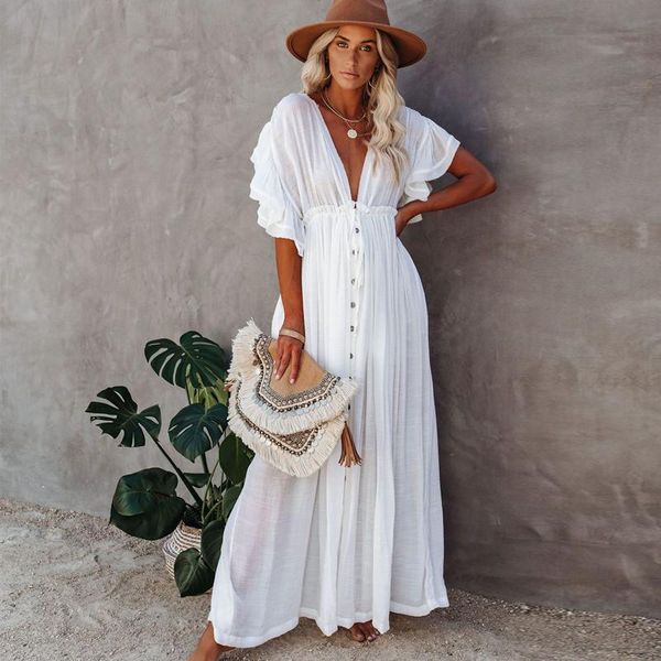 women's swimwear see through maxi dress for women deep v neck backless white cotton boho summer ruffles 2021 beach bikini cover up, White;black
women's swimwear see through maxi dress for women deep v neck backless white cotton boho summer ruffles 2021 beach bikini cover up, White;black