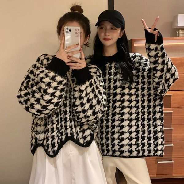 women's sweaters houndstooth sweater women 2021 autumn long sleeve loose all match retro style basic female, White;black
women's sweaters houndstooth sweater women 2021 autumn long sleeve loose all match retro style basic female, White;black